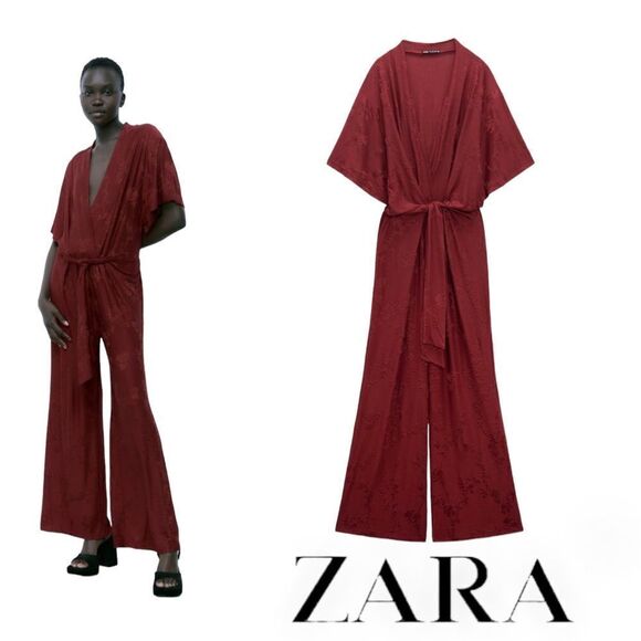 ZARA | Burgundy | SHORT SLEEVE JUMPSUIT WITH SURPLICE V-NECKLINE - Picture 1 of 15